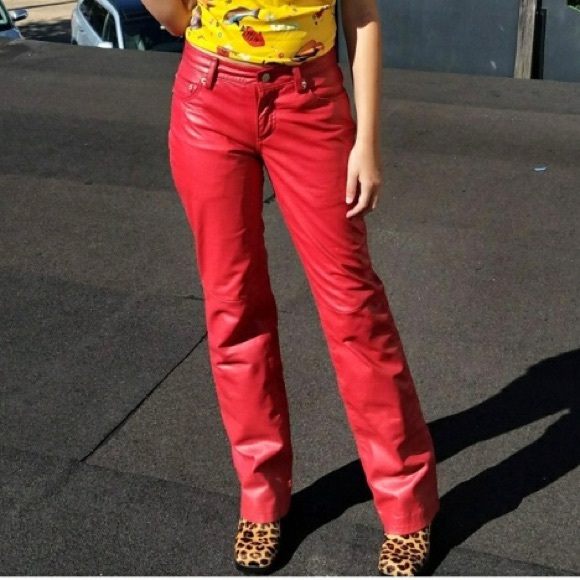 Pants - High waisted leather red pants motorcycle chaps side zipper